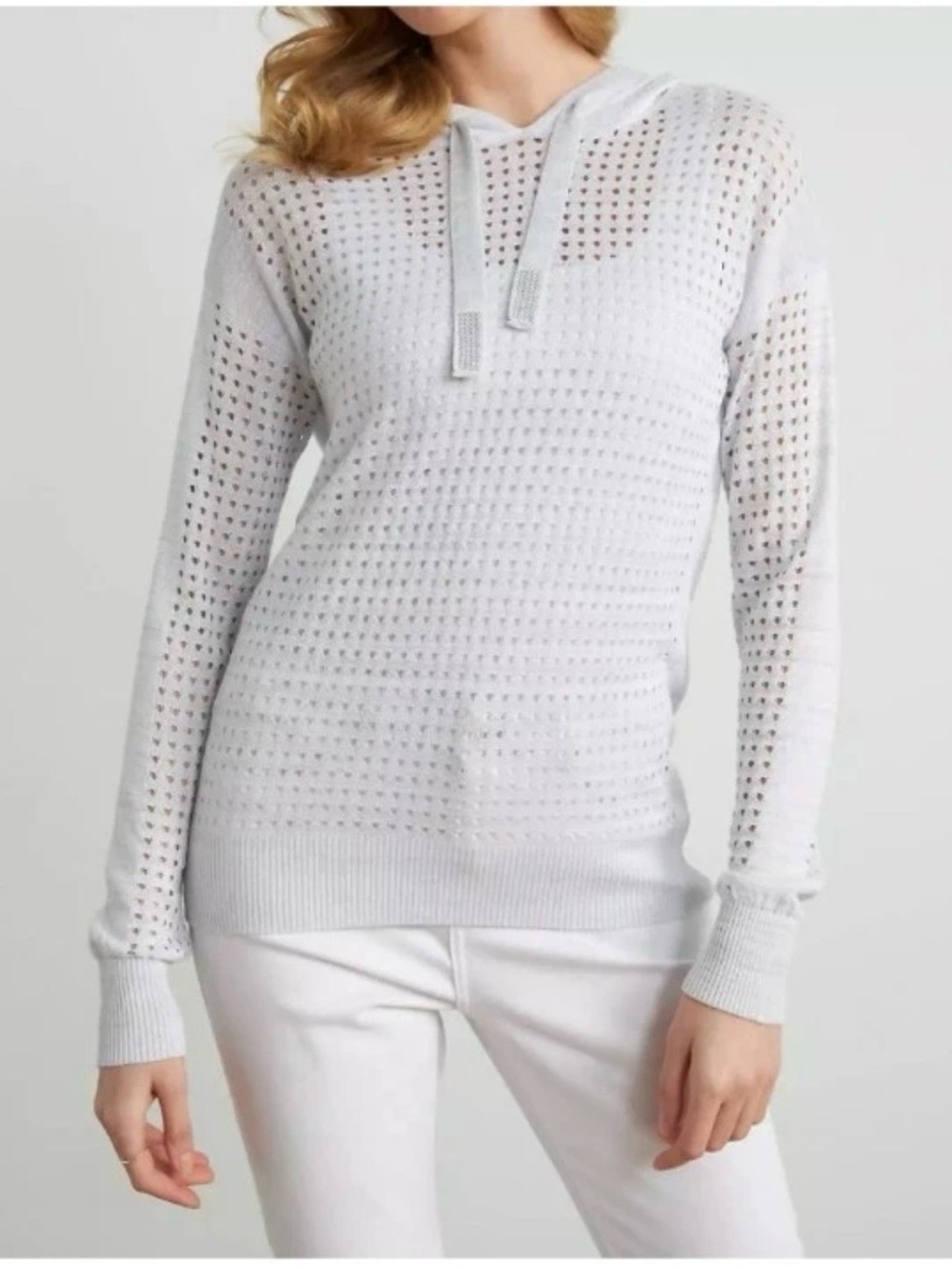 Joseph Ribkoff Perforated Lurex Silver Embellished Athleisure Hoodie Sz S/P